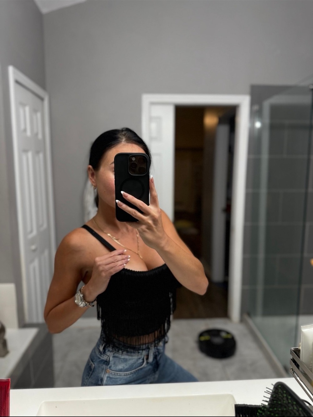 Black Fringe Knit Crop Top - Women